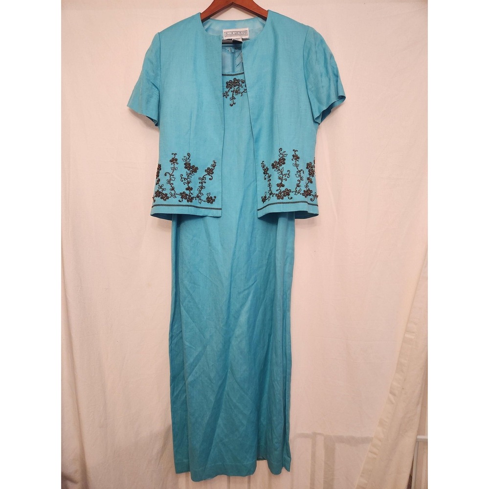 Jessica Howard 2 Piece Dress Set Womens 10 Blue‎ Linen Beaded Floral Maxi